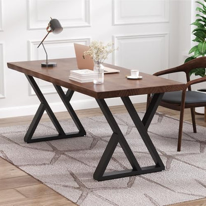 Solid Wood Desk 55 Inch, Rustic Wooden Writing Desk with Sturdy Metal Frame, Modern Simple Design Executive Real Wood Computer Desk for Home Office, Bedroom & Living Room - size: 55.12in