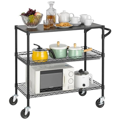Finnhomy 3 Tier Heavy Duty Commercial Grade Utility Cart with Wood Top, Wire Rolling Cart with Wheels and Handle Bar, Kitchen Carts on Wheels, 18x36x35.4 H Metal Cart with 600 LBS Capacity, Black - style: 36“L Black