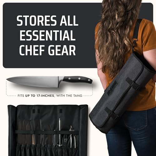Asaya Waxed Nylon Chef Knife Roll Bag with 20 Slots and Zippered Pockets - Professional Chef Knife Bag & Storage Case, Tool Carrier with Shoulder Strap - Knives Not Included (Black) - color: Black