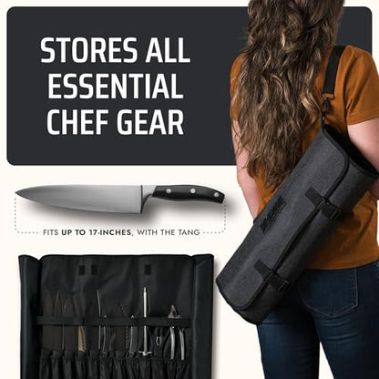 Asaya Waxed Nylon Chef Knife Roll Bag with 20 Slots and Zippered Pockets - Professional Chef Knife Bag & Storage Case, Tool Carrier with Shoulder Strap - Knives Not Included (Black) - color: Black