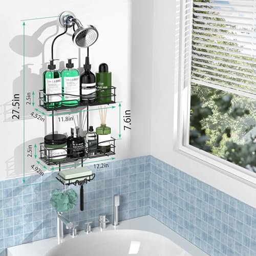 DAOYA Bathroom Shower Caddy Hanging - 3-Tier Organizer with Soap Holder & 6 Hooks for Towels, Sponge; Fits 21mm Shower Head Arm, Black - color: Matte Black