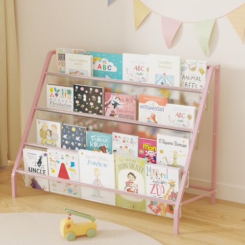 Trieez High-Transparent 4 Tier Kids Bookshelf, Sturdy Metal Large Size Book Rack Storage for Kids - Toddler Book Shelf Display for Nursery, Kids Room, Deep Size Bookshelf Hold More Books, Pink