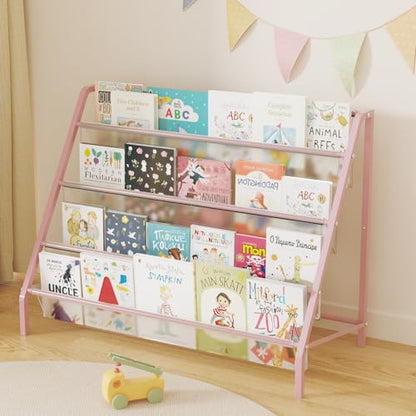 Trieez High-Transparent 4 Tier Kids Bookshelf, Sturdy Metal Large Size Book Rack Storage for Kids - Toddler Book Shelf Display for Nursery, Kids Room, Deep Size Bookshelf Hold More Books, Pink