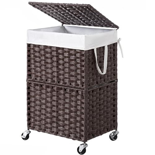 Chrislley 90L Slim Laundry Hamper with Wheels, Rolling Laundry Basket with Lid and Renovable Liner Bag, Handwoven Rattan Organizer for bedroom, bathroom, laundry room (Brown) - color: Brown
