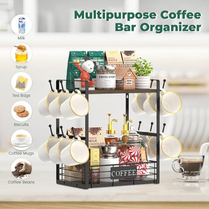 EsLuker.ly Coffee Mug Cup Holder Tree Bar Station Organizer, 2 Tier Mug Stand Rack for Countertop Kitchen, Storage Tower Display Shelf with 12 Hooks, Coffee Nook Enhancer, Brown-Black - color: Brown + Black