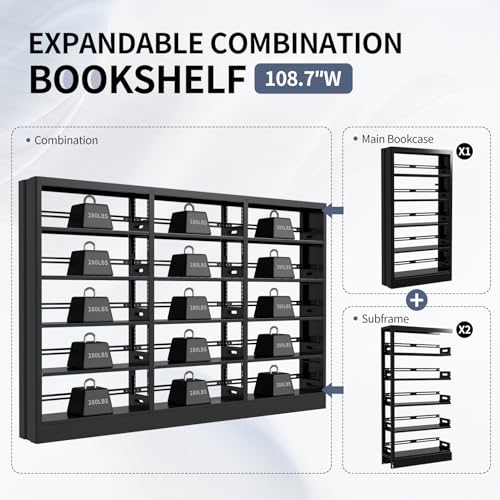 70.9" H Metal Bookshelf, Adjustable Bookcase, 5-Tier Heavy Duty Bookshelf with Bookend, Tall Bookshelves, Bookcase Shelf for Living Room, Office, Library,Classroom (Black-108.30W) - color: Black, size: 108.3" Wide