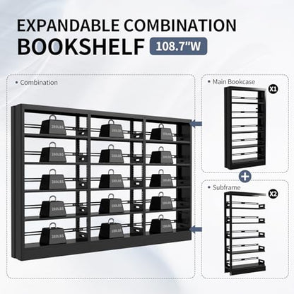 70.9" H Metal Bookshelf, Adjustable Bookcase, 5-Tier Heavy Duty Bookshelf with Bookend, Tall Bookshelves, Bookcase Shelf for Living Room, Office, Library,Classroom (Black-108.30W) - color: Black, size: 108.3" Wide