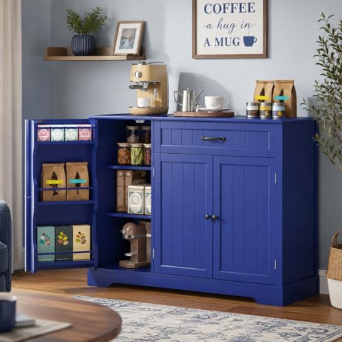 Gizoon Kitchen Sideboard Buffet Cabinet with Storage Small Coffee Bar Cabinet with Drawer, Kitchen Pantry Storage Cabinet with Door and Shelves for Bathroom and Living Room, Painted Navy Blue - color: Blue, size: 42"W (3 Doors + 1 Drawer)