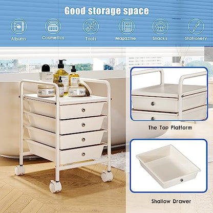 4-Tier Utility Cart with 4 Drawers, Rolling Utility Cart with 2 Lockable Caster Wheels, Multipurpose Mobile Rolling Drawer Cart for Office Bathroom Kitchen, Ivory White - size: White, 4-Tier