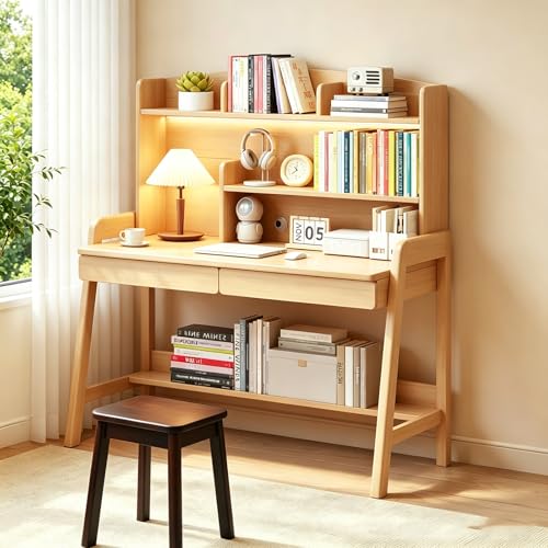 Solid Wood Desk with Hutch, 36.6" Home Office Writing Desk with 2 Drawers & Open Bookshelf, Study Table with Rounded Edges & Thickened Panel, Ideal for Kids/Adults Bedroom, Small Space