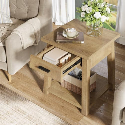 Tribesigns Side Table Set of 2, Wooden End Table with Drawer Storage, Rustic Nightstands for Bedroom, Living Room, Office and Small Spaces