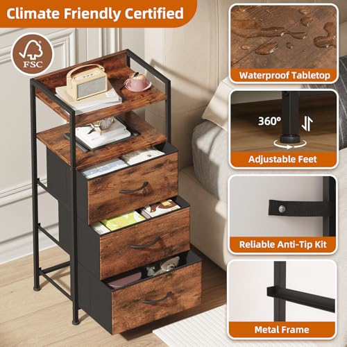 Somdot Nightstand with 3 Drawers, Dresser with Fabric Bins for Bedroom, Hallway, Entryway, Night Stand Bedside Table Furniture, Sturdy Steel Frame, Wooden Top, Easy Pull Fabric Bins, Wood Grain Print - color: Wood Grain Print, size: 11.4"D x 15.2"W x 30.6