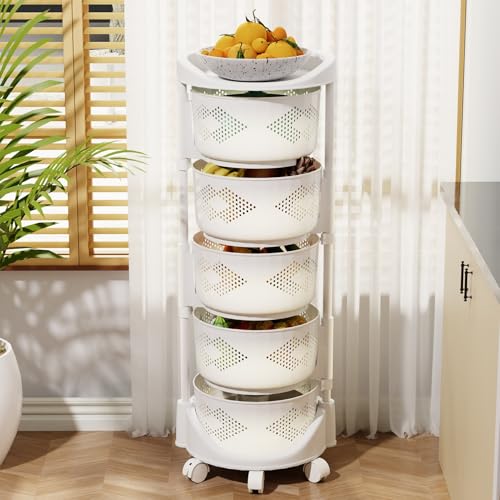 5 Tier Kitchen Storage Cart, Circular Rotating Basket, Storage Rack with 360 Degree Wheels, Fruit And Vegetable Storage, Fruit Vegetable Shelf, Rotatable Basket for Kitchen Bathroom White Five Layers