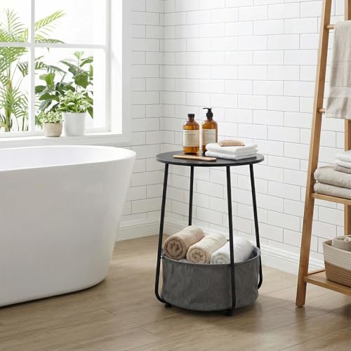 Modern Round Side End Table with Fabric Storage Basket, Matte White and Camel Brown, Contemporary Nightstand (Black) - color: Black