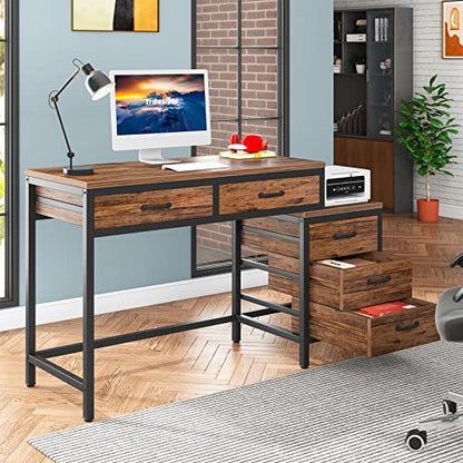 Tribesigns Computer Desk with 5 Drawers, Home Office Desks with Reversible Drawer Cabinet Printer Stand, Industrial PC Desk with Storage, Rustic Study Writing Table Workstation for Small Spaces - color: Rustic Brown