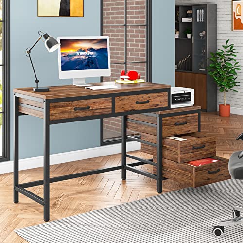 Tribesigns Computer Desk with 5 Drawers, Home Office Desks with Reversible Drawer Cabinet Printer Stand, Industrial PC Desk with Storage, Rustic Study Writing Table Workstation for Small Spaces - color: Rustic Brown