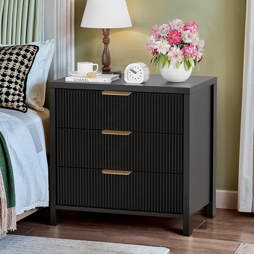 Fluted Nightstand, 23.7'' Wide Night Stand with 3 Drawers, Mid-Century Modern Bedside Table with Handles, Wood End Table for Bedroom, Black
