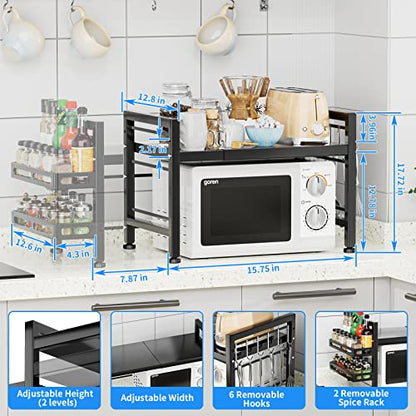 YIUKEA Extendable Microwave Oven Rack - Over Microwave Shelf Countertop 2 Tier Kitchen Microwave Stand (L15.7~23.6" xW12.8 xH17.7) with Spice Rack and 6 Hooks Black - color: Black with Spice Rack