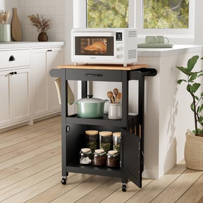 VINGLI Rolling Kitchen Cart with Microwave Stand, Storage Cabinet & Drawer, Small Coffee Cart with Side Hooks & Towel Rods, Compact Kitchen Island on Swivel Wheels, Black - color: Black, size: 33"