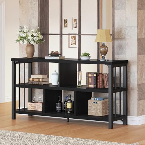 IBF Black Bookshelf, Industrial Low Horizontal Bookcase, Black Oak, 47 in | Modern Open Book Shelf, Short Wide 5 Cube Storage Organizer, Wood and Metal Cubby Book Shelf for Home Bedroom Living Room - color: Black Oak, size: 47 inch
