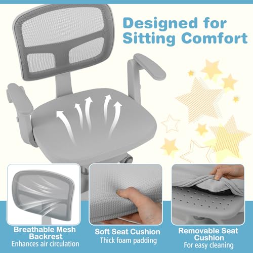 HONEY JOY Kids Desk Chair, Children Study Chair with Adjustable Height/Armrest/Footrest, Swivel Rolling Mesh Task Student Chair, Kids Computer Chair for Teens Girls Boys, Home, School, Office (Grey) - color: Grey