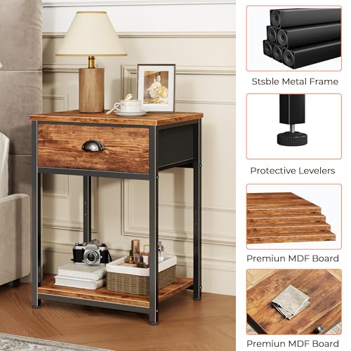 Furologee Nightstands Set of 2, Night Stand with Fabric Drawer and Storage Shelf, Retro Bedside Sofa Tables for Small Place, End Side Tables Living Room Bedroom, Rustic Brown