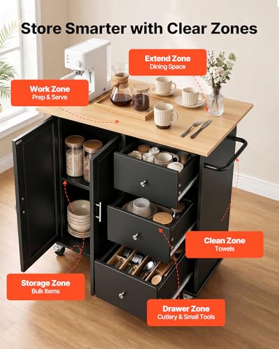 VEVOR Kitchen Island Cart with Storage, 42.4 in Wide Mobile Rolling Storage Island on Swivel Wheels, with 3 Drawers, Storage Cabinet, Drop Leaf, Towel Rack, Table for Home Dining Room, Black - size: 42.4" W (dropleaf)