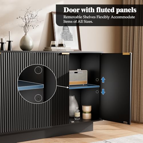 63'' Large Fluted Sideboard Buffet Cabinet, Modern Storage Cabinet with Adjustable Shelf, Console Table Wine Bar Accent Credenza with 4 Doors for Dining Room, Living Room, Hallway(Black) - color: Black