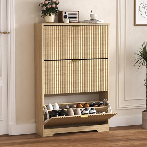 HUANLEGO Shoe Cabinet Storage for Entryway with 3 Flip Drawers, Oak Fluted Shoe Cabinet with Adjustable Shelves, Wooden Hidden Shoe Rack Freestanding Narrow Slim Shoes Storage for Hallway, Entrance - color: Oak, size: 3 Drawer