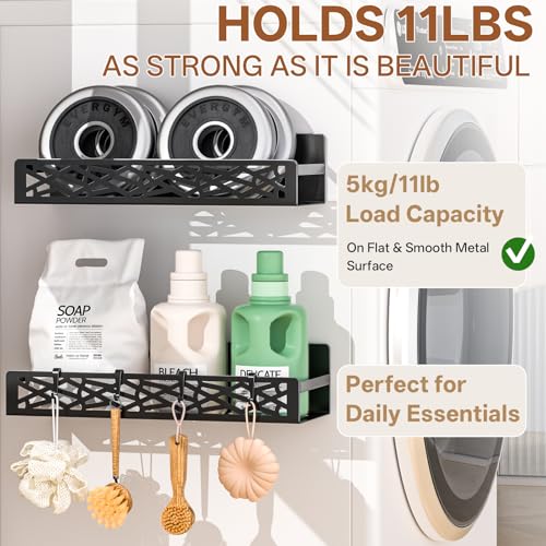 Magnetic Washing Machine Side Storage Rack Shelves 4-Pack, Heavy Duty Metal Narrow Shelf with Hooks, Slim Laundry Room Organizer for Washer Dryer Gap, Space Saving Magnetic Storage for Laundry Kitchen