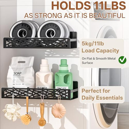 Magnetic Washing Machine Side Storage Rack Shelves 4-Pack, Heavy Duty Metal Narrow Shelf with Hooks, Slim Laundry Room Organizer for Washer Dryer Gap, Space Saving Magnetic Storage for Laundry Kitchen