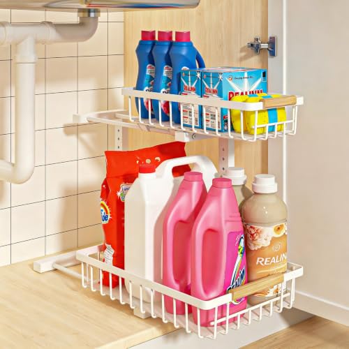 REALINN Under Sink Organizer, Height Adjustable Under Sink Organizers and Storage, 2 Tier Pull Out Drawer Cabinet Storage for Kitchen Bathroom, 1 Pack, White - color: White, size: 1 Pack