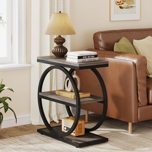 LITTLE TREE 3-Tier End Table Set 2, Grey Side End Table with Storage Shelves, Small Sofa Side Table for Living Room, Slim Nightstand and Bedside Table with Black Double Round Metal Legs - color: Grey and Black