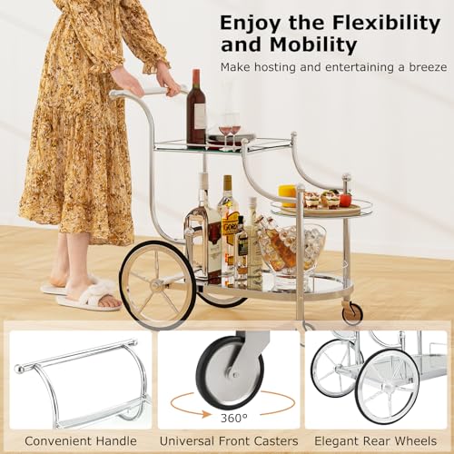 Tangkula Bar Cart, 3-Tier Rolling Home Bar Serving Cart with Mirrored Shelves & 4 Wheels, Mobile Beverage & Wine Cart for Kitchen, Dining Room, Living Room (Silver) - color: Silver
