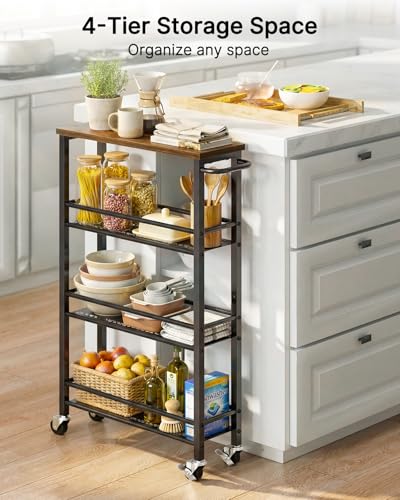 Pipishell Slim Storage Cart with Wheels - 4 Tier Rolling Kitchen Storage Cart with Handle and Wood Top, Metal Slim Bathroom Cart for Laundry Room, Bathroom, Kitchen, Narrow Space, Black & Rustic Brown - size: 5.3 in