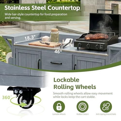 Modern 60.2''W Outdoor Kitchen Island with Wheels, Rolling Patio BBQ Kitchen Cart with Stainless Steel Top, Wood Grill Cart with Spice Rack&Wine Rack,2 Drawers, Gray - style: Gray