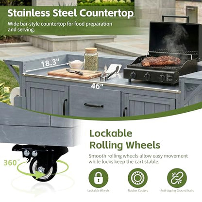 Modern 60.2''W Outdoor Kitchen Island with Wheels, Rolling Patio BBQ Kitchen Cart with Stainless Steel Top, Wood Grill Cart with Spice Rack&Wine Rack,2 Drawers, Gray - style: Gray