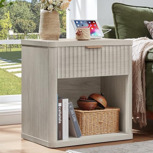 LEYAOYAO Fluted Nightstand with Charging Station, 23" Wide 1 Drawers Night Stand,LightGrey End Table with Open Storage,Farmhouse Bed Side Tables, Wood Dresser for Bedroom, Living Room, Closet - color: Light Grey, size: 1 Drawers