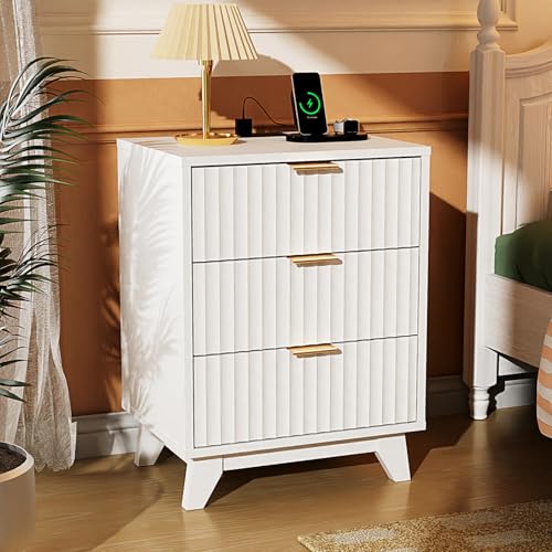 VINGLI Fluted White Nightstand with Charging Station, 3 Drawer White Night Stand Bedside Table with Drawers for Bedroom, Fluted Bedside Table/End Table/Side Table, 17.72" W*13.78" D*23.62" H, 1 pc - color: White, size: 17.7"W-3 Drawer
