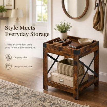 Farmhouse Square Side Table,2-Tier End Table with Storage Shelf | Modern Sofa Couch Table Bedside Nightstand With X-Frame for Living Room Bedroom Office Small spaces,Rustic Brown - color: Rustic Brown, style: Farmhouse