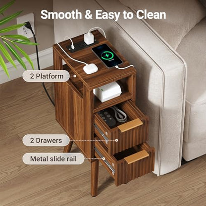 ELYKEN 7.9" Small Narrow Side Table with Charging Station, 24.4" H Skinny Fluted Nightstand with 2 Drawers, Solid Wood Feet, Open Storage, Slim End Table for Small Spaces, Bedroom, Walnut - color: Walnut-1 Pcs