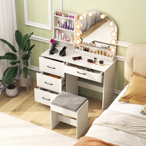 CHARMAID Vanity Desk with Mirror and Lights, White Makeup Vanity Desk with 4 Drawers, Storage Shelves, Charging Station, 3 Lighting Modes, 40 inch Large Vanity Dressing Table with Stool for Bedroom - color: White, size: 39.5"W