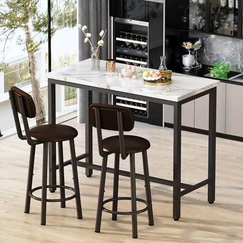 AWQM 3 Piece Bar Table Set of 2,39.3" Pub Bar Table and Chairs Set,Faux Marble Bar Height Table with 2 Backrest Stools,Small Dining Table for 2,Kitchen Table Set for Small Space,White & Brown - color: White & Black & Brown