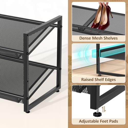 Expandable Shoe Rack, 2 Tier Adjustable Shoe Organizer with Flat & Slant Dual Use Design, Space Saving Shoes Stand for Closet & Entryway, Sturdy Dense Metal Grid Shoe Holder for High Heels, Sneakers