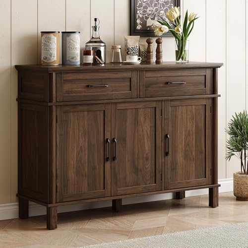 ONBRILL 48 Inch Buffet Cabinet with Storage, Farmhouse Sideboard Buffet w/2 Drawers and 3 Doors, Wood Coffee Bar Cabinet with Adjustable Shelves, Sideboard Storage for Kitchen, Living Room, Walnut - color: Walnut, size: 48 Inch