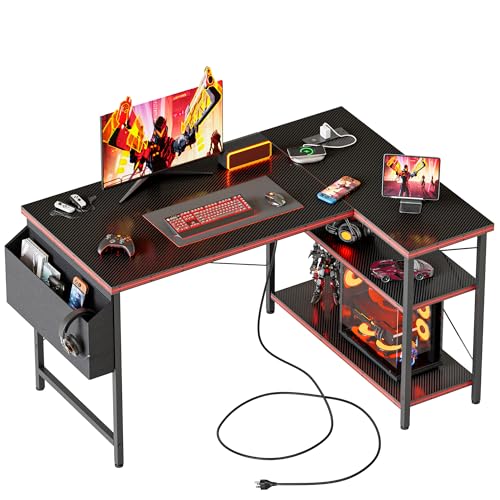 Mericonia Small L Shaped Computer Desk with Power Outlets, Reversible Gaming Desk with Storage Shelves, Corner Gamer Desk Table, Study Writing Table - color: Carbon Fiber, size: 39.4 inch