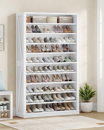 Hzuaneri Shoe Storage Cabinet,10 Tiers Farmhouse Tall Shoe Cubby Organizer | Freestanding Shoe Cabinets, Wooden Shoes Rack with Cubby, 46-50 Pairs, for Entryway, Living Room, White SR59803X - color: White, size: 12.4"D x 39.4"W x 71.3"H