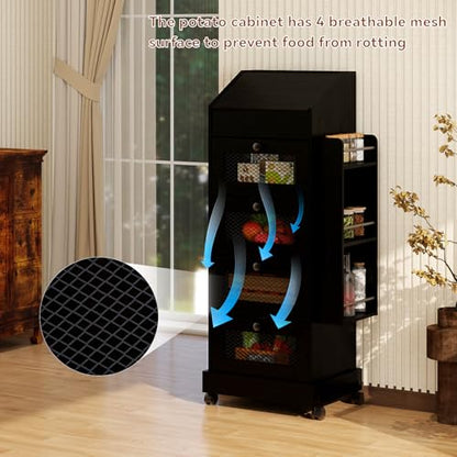 ARTETHYS Potato Storage Bin 5-Tier Rolling Black Bread Box with Side Rack | Onion Keeper with Spice Rack on Wheels, Movable Fruit & Vegetable Container with 4 Ventilated Drawers for Kitchen - color: Black