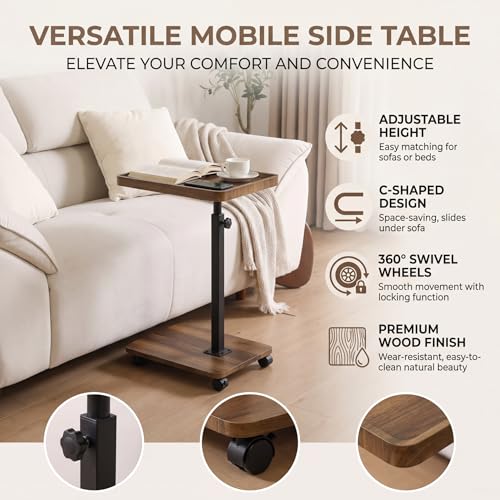 C Table End Table Adjustable Height, 360°Swivel TV Tray Table Couch Tables C Shaped Side Tables Living Room and Bedroom for Sofa, Bed,Chair (Retro Brown) - color: Retro Brown