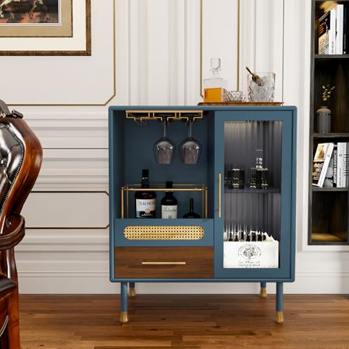 ARTPOWER Modern Coffee Bar Cabinet with Pull-Out Wine Storage, Blue | Bar Cart with Wine Glass Rack and Drawers, Liquor Cabinet for Kitchen, Dining Room, Living Room - color: Blue